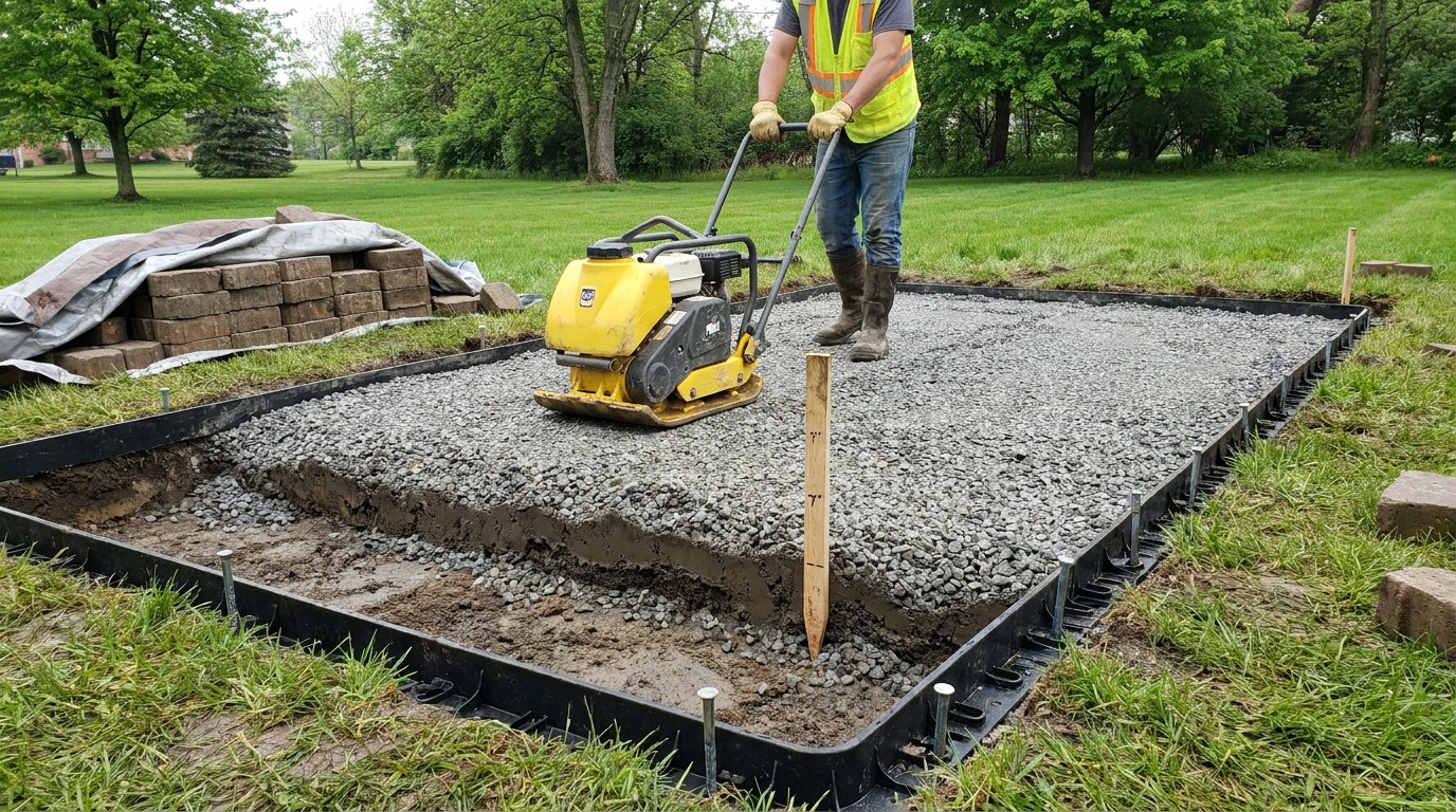 Paver base preparation with compacted gravel in Lorain Ohio Lorain County freeze-thaw resistant installation
