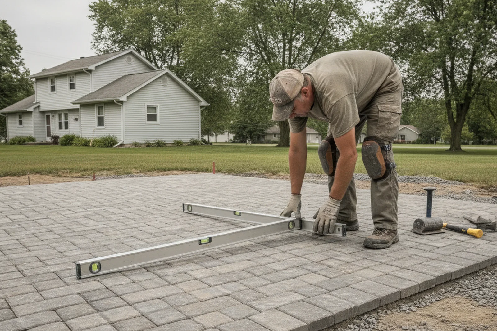 Paver installation specialist laying herringbone pattern patio Lorain Ohio Lorain County Lake Erie freeze-thaw base Derek